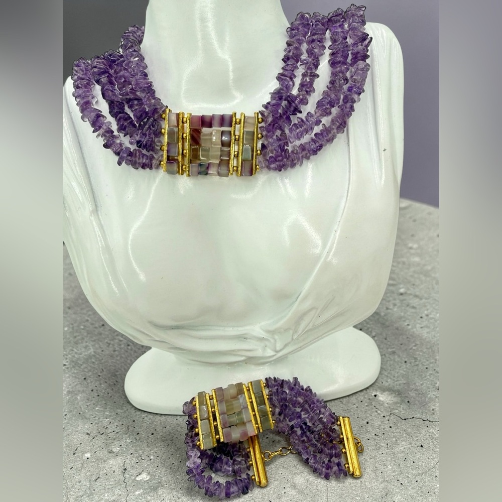Amethyst Multi Strand Choker Necklace & Bracelet Set Mosaic Agate 161g Stunning - Picture 4 of 17
